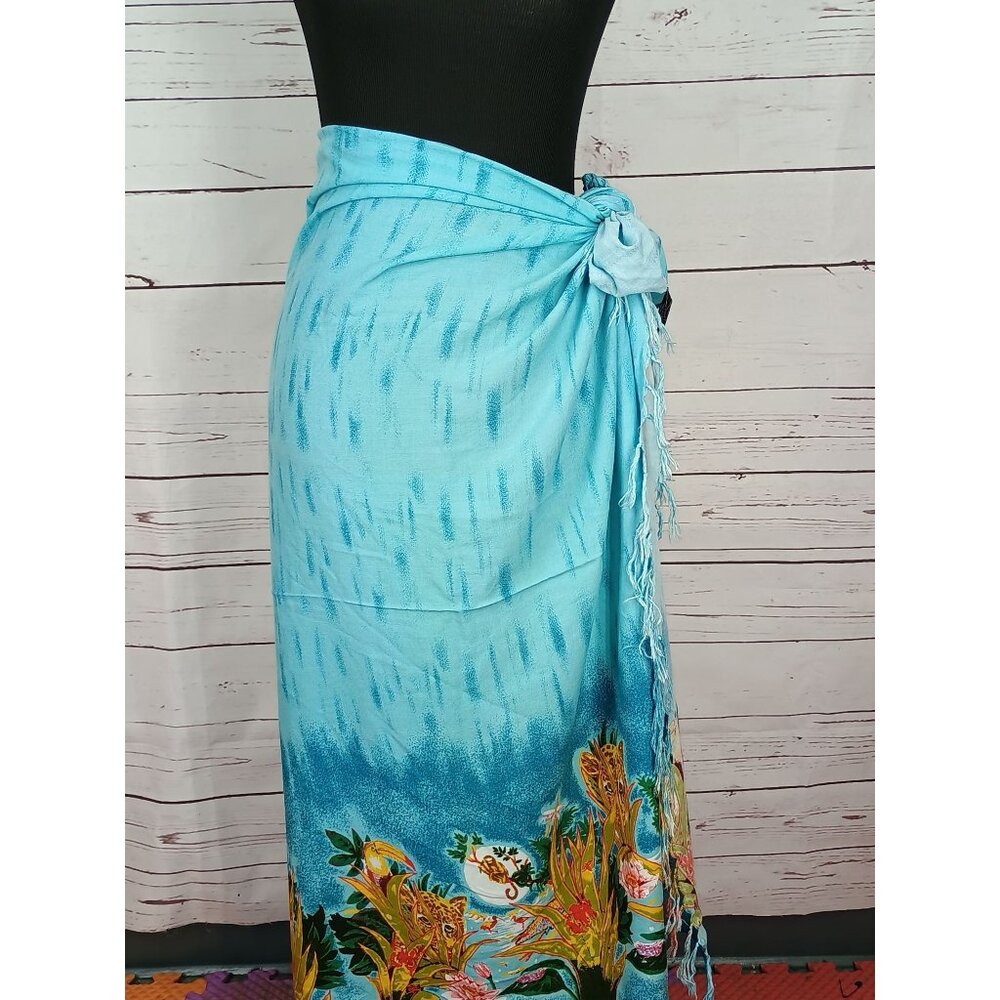 Caribbean Soul Tropical Blue‎ Sarong With Floral Print With Fringe Accents